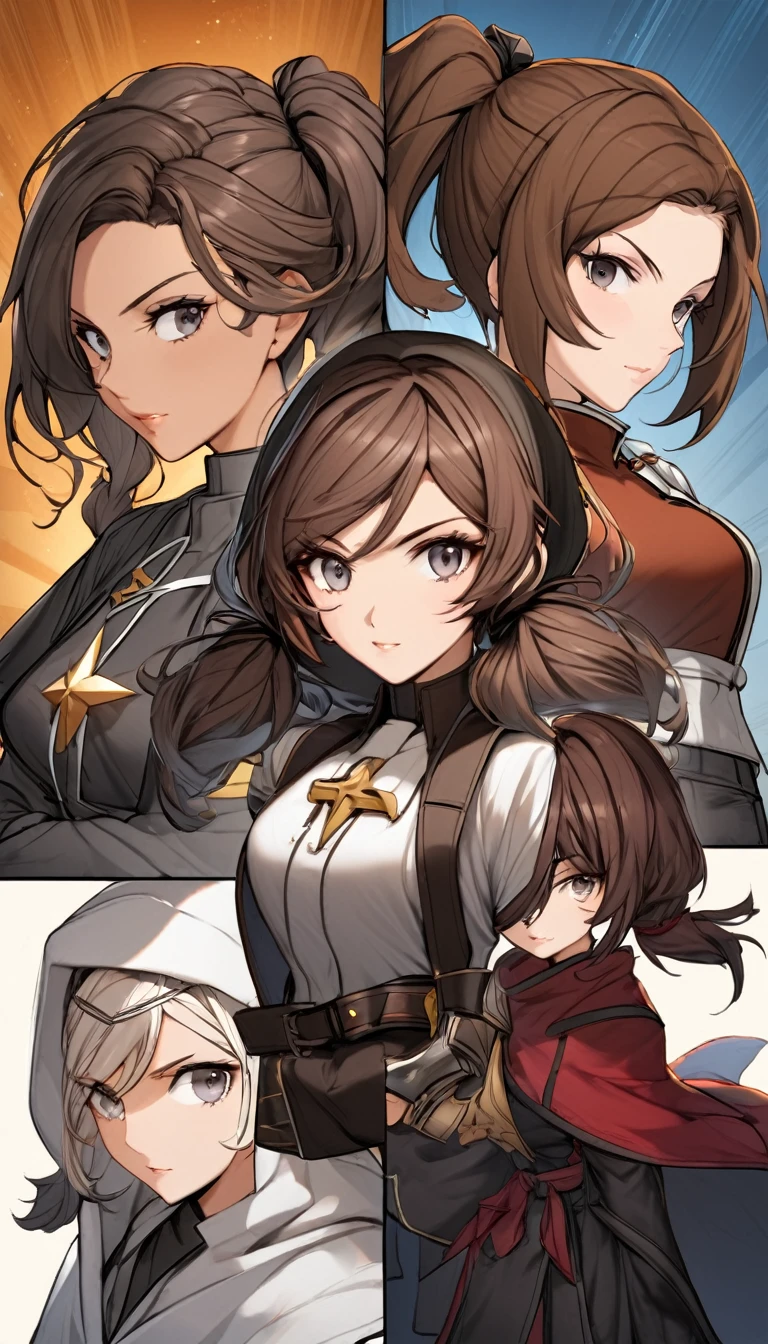 3 heroes. female warrior class with brown hair in two pigtails and gray eyes. female priest. female rogue.