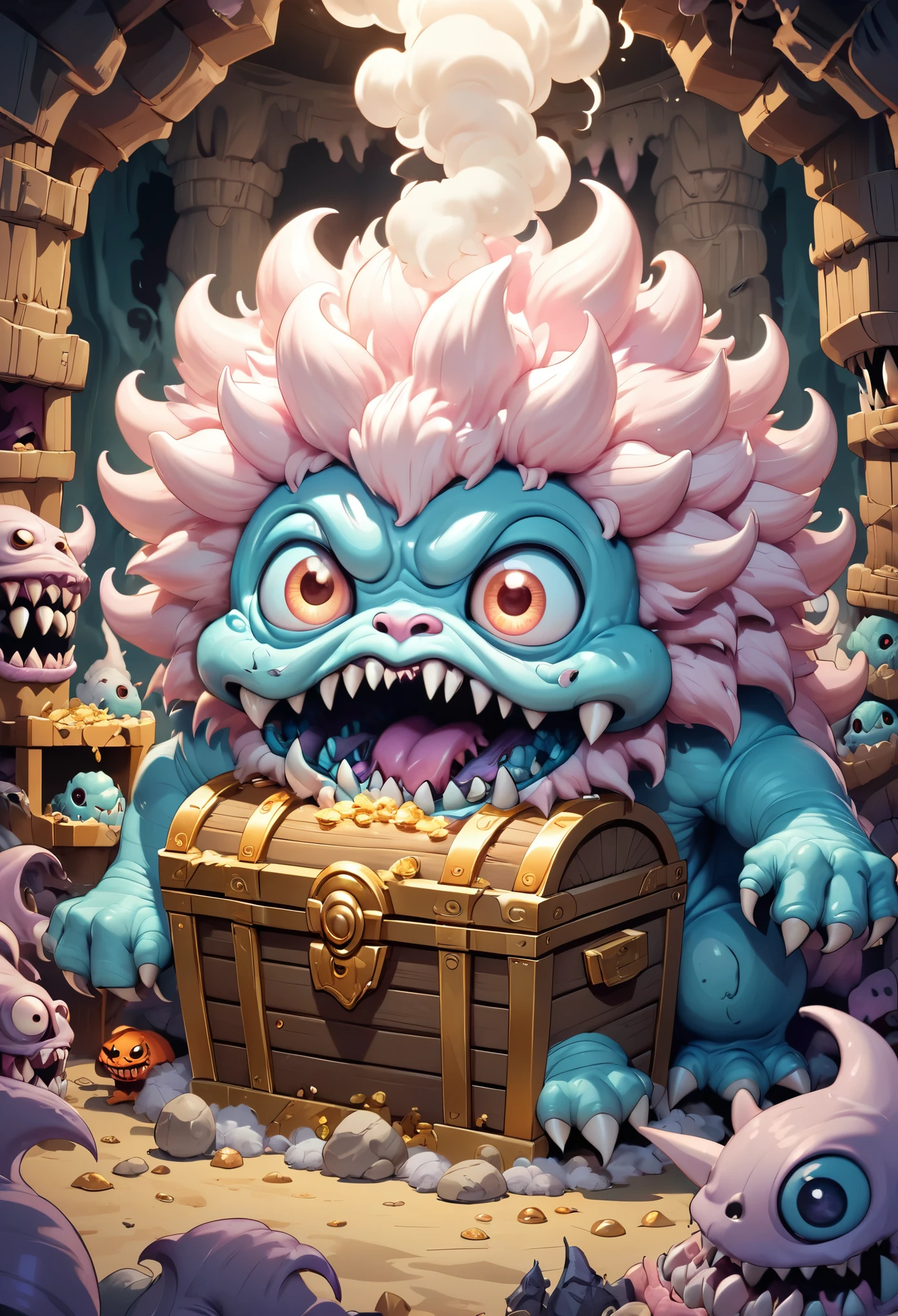 funny, super deformed, best quality, super fine, 16k, incredibly absurdres, extremely detailed, 2.5D, delicate and dynamic, treasure chest monster covered in fluffy fur, mimic, yokai, eyes, mouth, fangs, hands, cute horror fantasy, pastel colors, other spaces, other dimensions, smoke effects