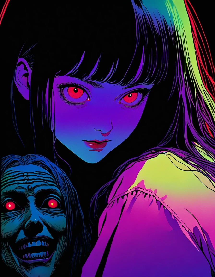 illust、art、from 80s horror movie, directed by Junji Ito、exorcist、high detail, realsitic shadow、Analog style, vhs style, 8mm film, chromatic aberration, Dvd screengrab、Complementary color gradient