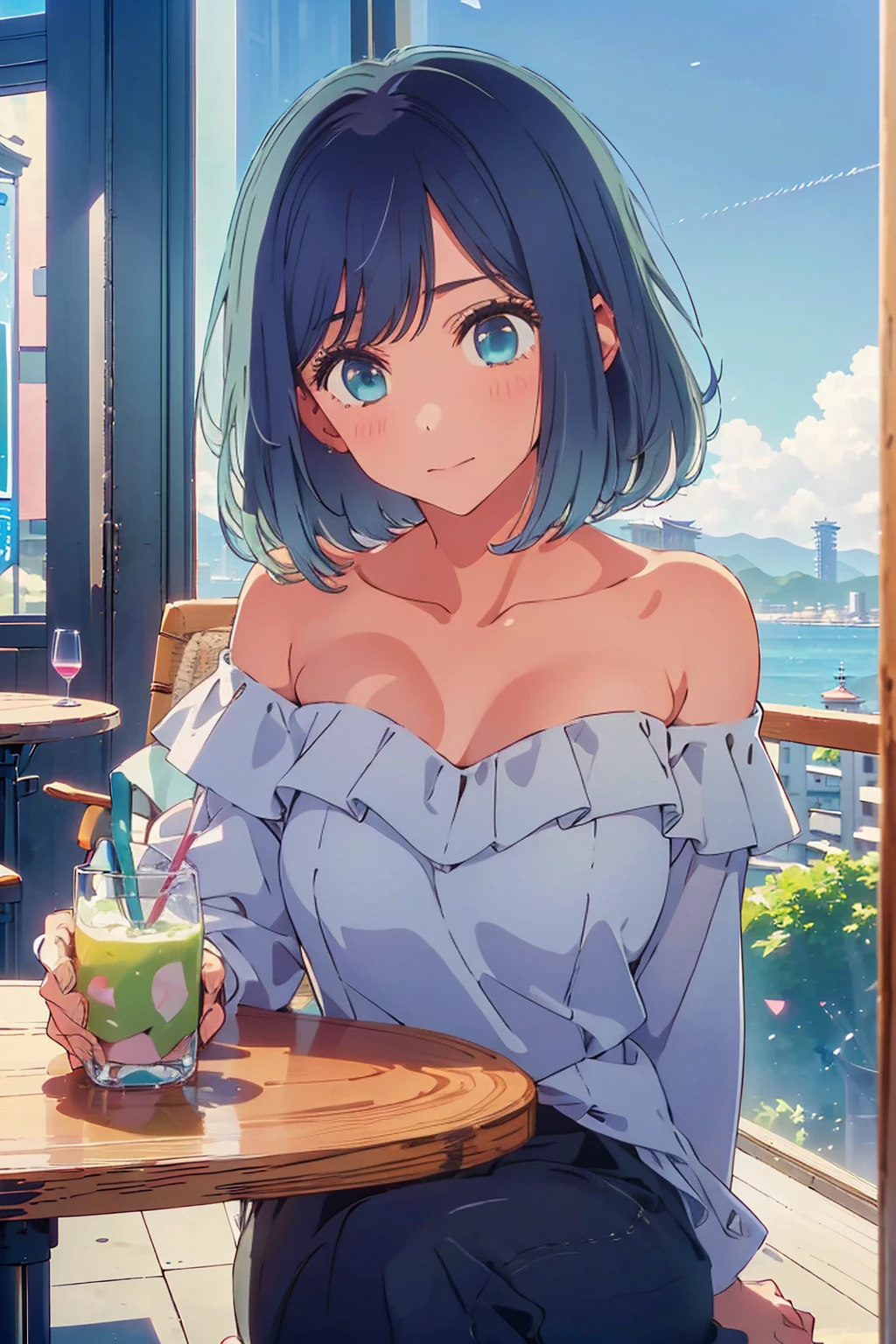(Highest quality:1.4、8K:1.4、detailed)、F cup bust、Big Breasts、Slim body、Very white beautiful skin、((((1 person、Surprised expression、sit、Chair、In the background are the urban buildings of Tokyo、looking at the camera、Outdoor café terrace、coastal、Navy hair color、juice、Shooting up close、table、Very cute face))))、(Pose of putting hair behind ears with hands:1.4）、((((Areola、Off the shoulder))))、Very blue sky、A completely cloudless sky