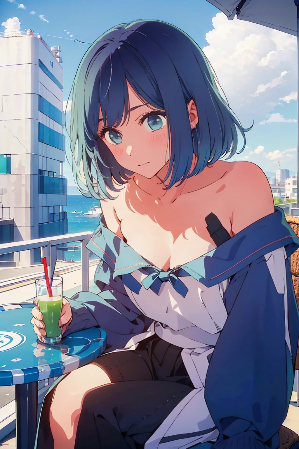 (Highest quality:1.4、8K:1.4、detailed)、F cup bust、Big Breasts、Slim body、Very white beautiful skin、((((1 person、Surprised expression、sit、Chair、In the background are the urban buildings of Tokyo、looking at the camera、Outdoor café terrace、Navy hair color、juice、Shooting up close、Shooting from the side、table、Very cute face))))、((((nude、Areola))))、(Pose with hands tucked behind ears:1.4、Cheek resting on hand:1.4)、Off-the-shoulder blouson、Black blouson with zipper、Very blue sky、A completely cloudless sky