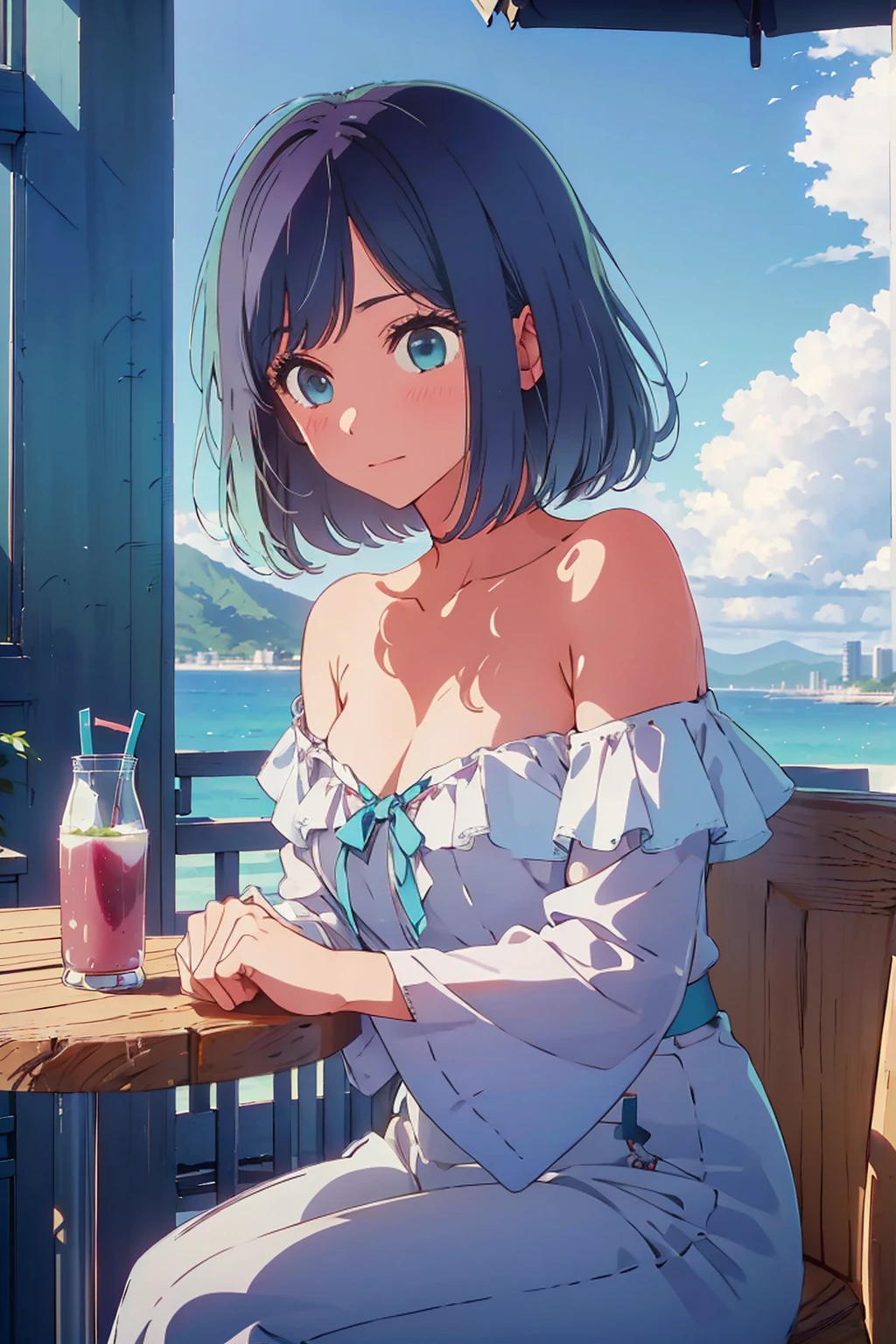(Highest quality:1.4、8K:1.4、detailed)、F cup bust、Big Breasts、Slim body、Very white beautiful skin、((((1 person、Surprised expression、sit、Chair、In the background are the urban buildings of Tokyo、looking at the camera、Outdoor café terrace、coastal、Navy hair color、juice、Shooting up close、table、Very cute face))))、(Pose of putting hair behind ears with hands:1.4）、((((Areola、Off the shoulder))))、Very blue sky、A completely cloudless sky