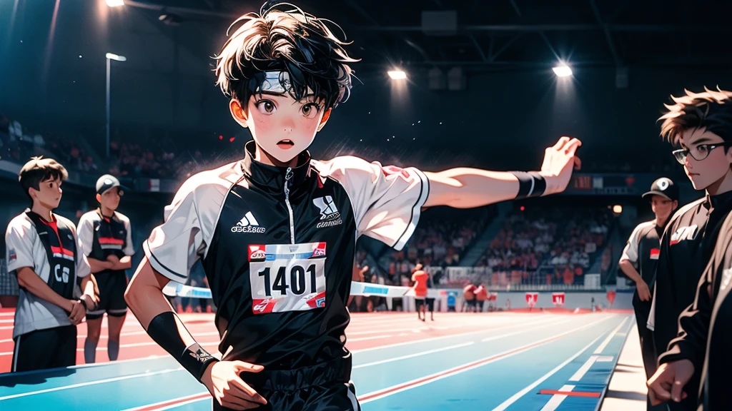1boy,Highest quality、Masterpiece、Official Art、The best dynamic composition、The boy and is the last runner in the relay.、The moment the tape crosses the finish line、sports meeting、Black jersey、Headband、Hair is light blue、