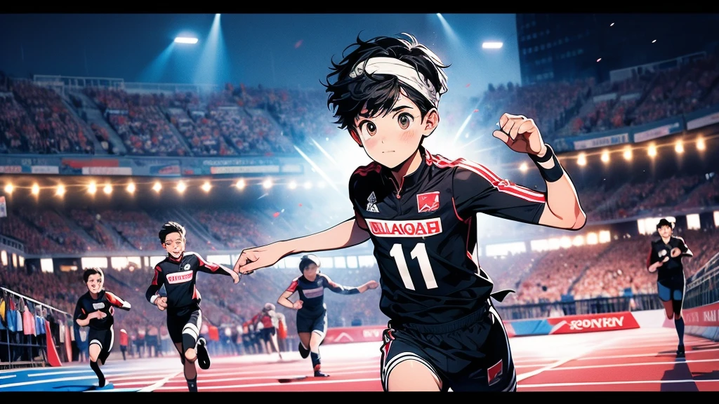 1boy,Highest quality、Masterpiece、Official Art、The best dynamic composition、The boy and is the last runner in the relay.、The moment the tape crosses the finish line、sports meeting、Black jersey、Headband、Hair is light blue、