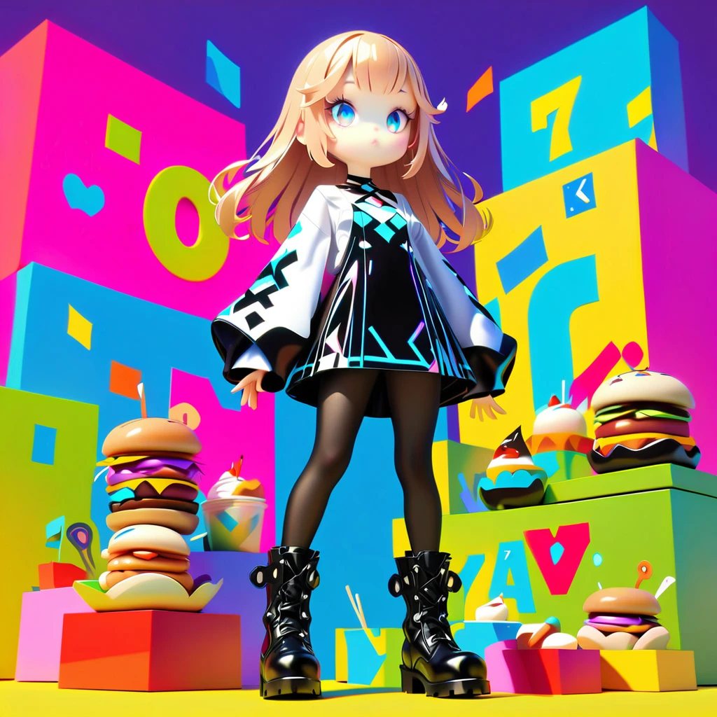 Style 7,One girl,Food,boots,pantyhose,Sleeves are longer than the wrist,Black footwear,blue eyes