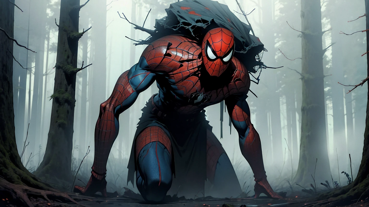 Giant spider man in a scary forest