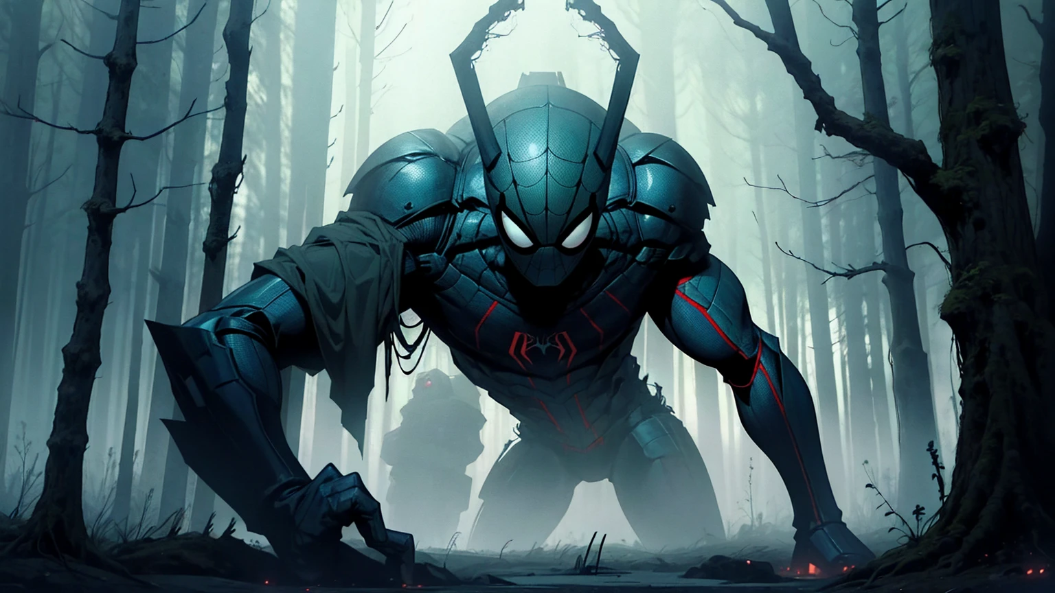 Giant spider man in a scary forest