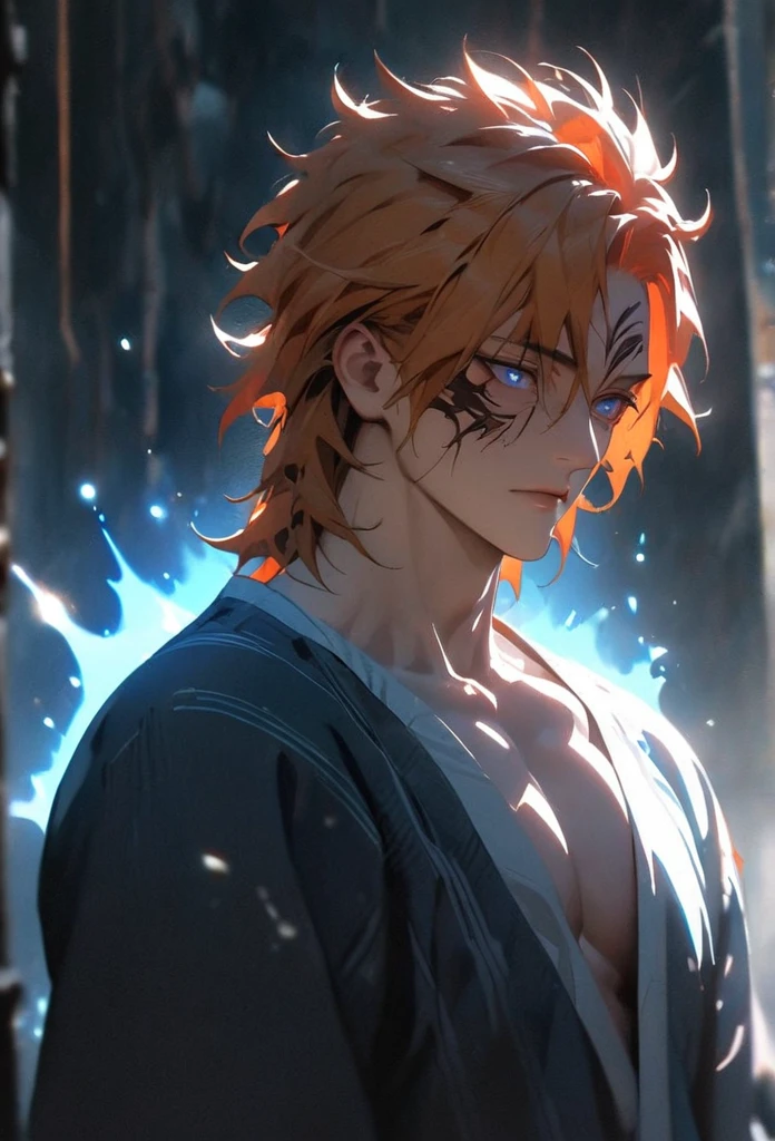(solo), orange hair, messy hair, mane hair, short hair, dense hair, wild hair, expressive hair, mature,(25 year old), pale skin, blue eyes, ((male)), muscular body, wearing a blue kimono,, handsome, attractive, eye reflection, depth of field, thunder aura,cinematic lighting, ray tracing, depth of field, cinematic lighting, ray tracing, UHD, high details, best quality, highres, high quality, award winning, super detail, masterpiece, 8k, UHD, high details, best quality, highres, high quality, award winning, super detail, masterpiece, 8k, digital art, anime coloring, full body shot, body shot, good face, perfect face, detailed face, good eyes