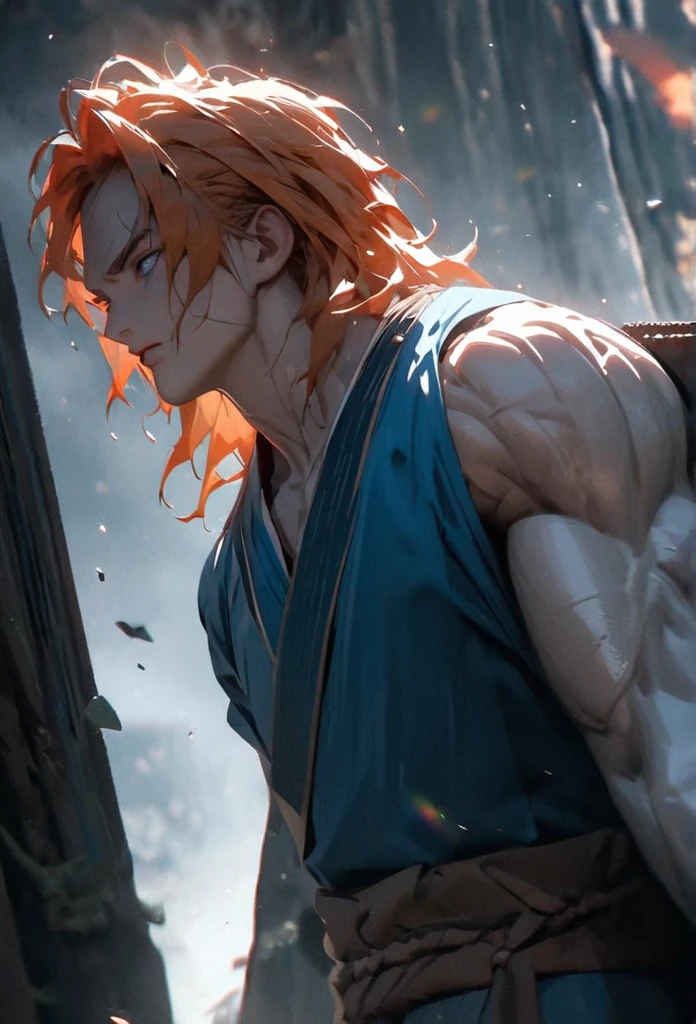 (solo), orange hair, messy hair, mane hair, short hair, dense hair, wild hair, expressive hair, mature,(25 year old), pale skin, blue eyes, ((male)), muscular body, wearing a blue kimono,, handsome, attractive, eye reflection, depth of field, thunder aura,cinematic lighting, ray tracing, depth of field, cinematic lighting, ray tracing, UHD, high details, best quality, highres, high quality, award winning, super detail, masterpiece, 8k, UHD, high details, best quality, highres, high quality, award winning, super detail, masterpiece, 8k, digital art, anime coloring, full body shot, body shot, good face, perfect face, detailed face, good eyes