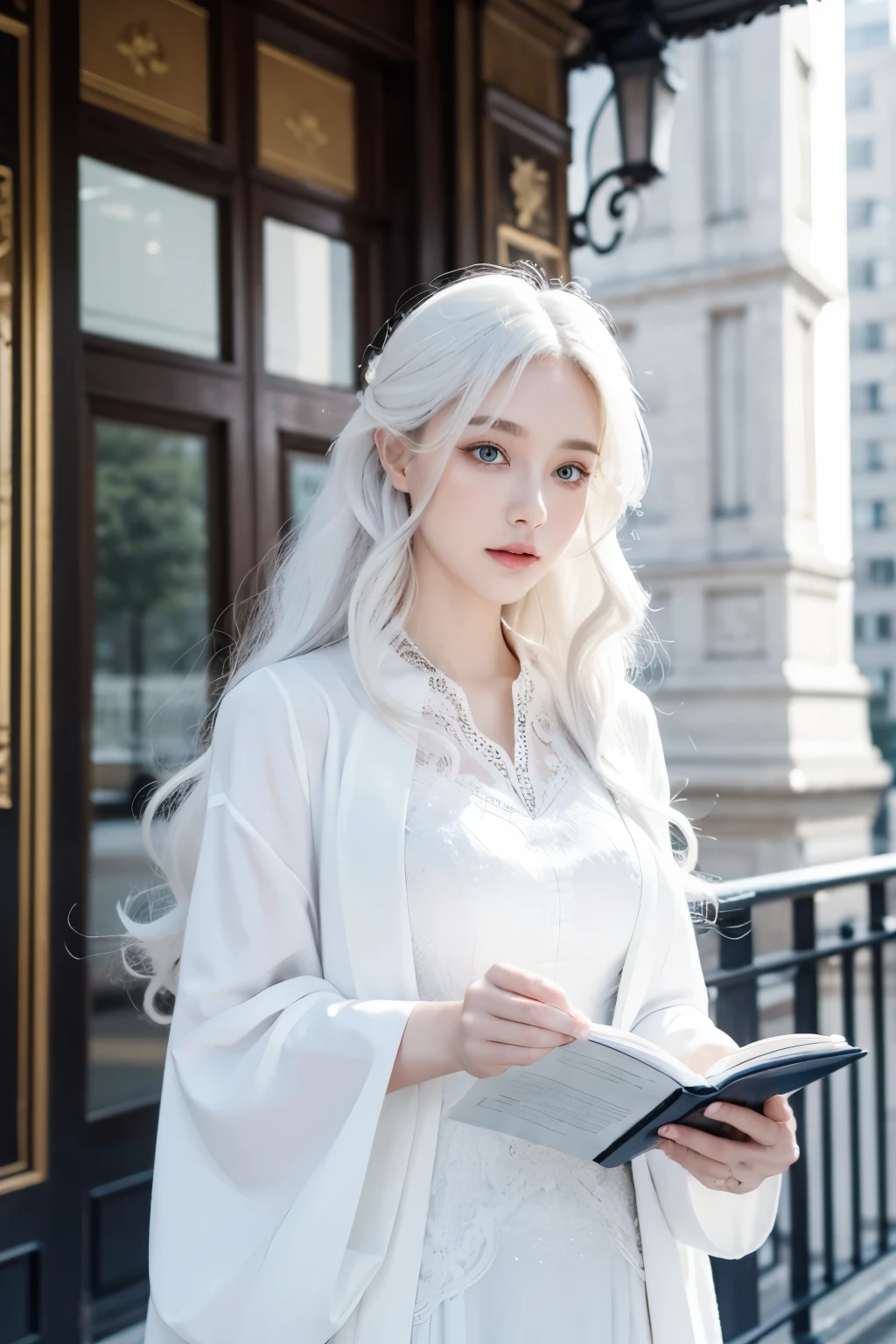 1 woman, White long, curly hair，Natural hair. white hair. city. elegant. elegant clothes. reading. expression seria.  Blue eyes. 