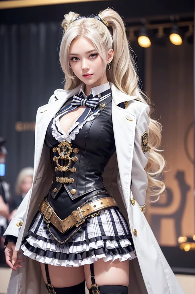 Woman portrait、Highest quality、Rear view、8K, clear, Fine skin、Clear, beautiful eyes、Cleavage、The beauty of a smile、Curly Hair、My hair was messed up by the wind、(Glamorous Muscle、tall),(Hip_superior, Hip superior), Beauty,( Watching the audience),Realistic, High resolution, Soft Light,1 female, One person,blonde hair,ponytail,Fine Skin, Naughty look,((Steampunk Lolita fashion)),Steampunk style girl、Costumes decorated with lots of gear and watches,(White and silver check stripes,Sailor-style armor with white and gold collar)、Beautiful Steampunk Guild Staff Costume Banker Uniform,(White and silver checked steampunk white steampunk jacket, Short jeweled tie,wrist cuffs,Gemstone Helmet,White coat、Gemstone Belt,High leg),((arms behind back)),(bokeh),(studio lighting)
