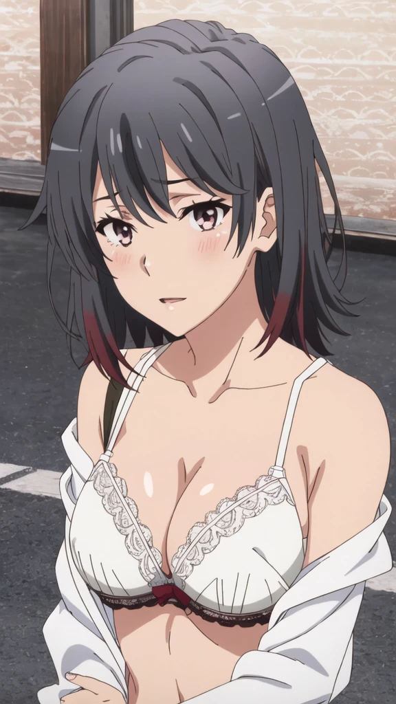 {Yukinoshita_Haruno_yahariorenoseishunlovecomewamachigatteiru:1.15},black hair, pink_eyes, , 1 girl,,alone, hair between eyes,(torn clothes,White , white lace bra:1.5),, bare shoulders,, cleavage,thighhighs,short hair, ,nsfw,(ecstasy:1.3) ,(slut:1.2),(vulgarity:1.3),(fucked silly:1.1),(steam:1.1),(wet:0.8),(trembling:0.8),(tears:0.7) ,(drooling:0.6),(sweat:0.8), , beautiful light, half eye closed, close up face, , beautiful upper body, Beautiful body, beautiful character design, perfect eyes, Perfect face, expressive eyes, looking at the viewer,(lie on road),in the center of the image, official art,High Definition CG Unity, Perfect lit, bright_front_face_lit, ,(Highest_quality:1.0),4K,Super detailed, photograph, 8K, nffsw, High resolution, absurdes:1.2, kodak portrait 400, film grain, Lens flare, (lively_Farbe:1.2) (beautiful,medium breasts:1.4), (beautiful_face:1.3),(narrow_waist),blush, ((detail nipple)),,