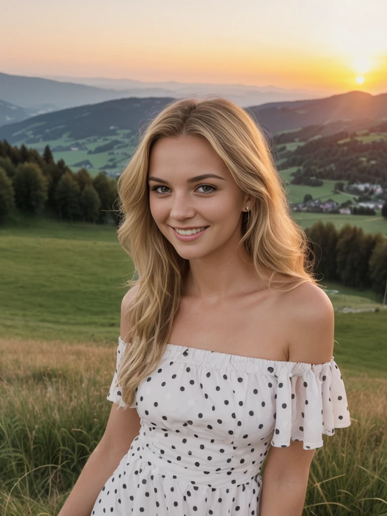 1 girl, solo, ((ugly:1.4)), ((Croatian woman)), sharp image, name is Sauri, (25 years old), (((consistent face and image))), (long blonde wavy hair), (((Croatian face and nose))), (upper body and upper legs)), (slim), (wearing off shoulder polka dot dress), slender, (overlooking sunset at the grass in Switzerland), smiling, ((mature and smirking)), wide shot
