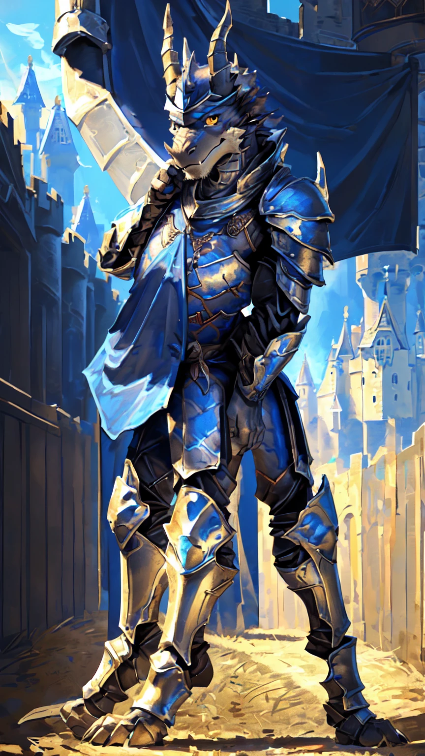 ((middle Ages:1.6,Castle Background:1.5)),((Crusu:1.6)),(Pose 1:4),Sunlight,high resolution,4K,gay,(whole body),masterpiece,high quality,Calm and calm,((dragon)),male,dragonFurry,(ager:1.3),hairy,((Stable,Handsome face:1.4)),((peaceful)),((Holding a long sword:1.3)),(((strong:1.4,Long legs:1.3,粗壮dragon尾:1.2))),(((Gray head:1.2,Golden pupils:1.2,White neck:1.3,Gray back of hand:1.4,White muscles:1.3))),(((White Armor:1.3,Armor has a blue banner:1.4))),Mature face,Exquisite eyes,Detailed body,Detailed hands,Detailed feet,Kenket's style