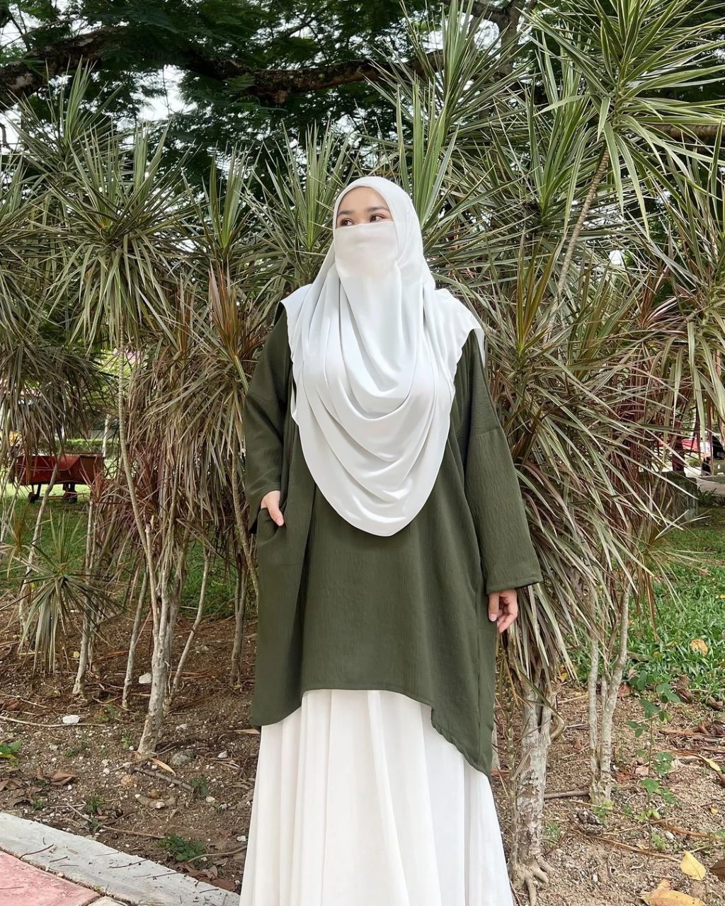 High resolution UHD, Improvement of quality, Soft lighting, Highly detailed, Very detailed on clothes, high quality clothes, Advanced Details, Sharp Focus, High resolution, Big Breasts, Breasts Covered With Hijab and Dress, Real clothes, Real Lighting, Same clothes, Same Clothes With Big Breasts, Big Boob Undershirt Covered, Malay Girl Wearing Niqab