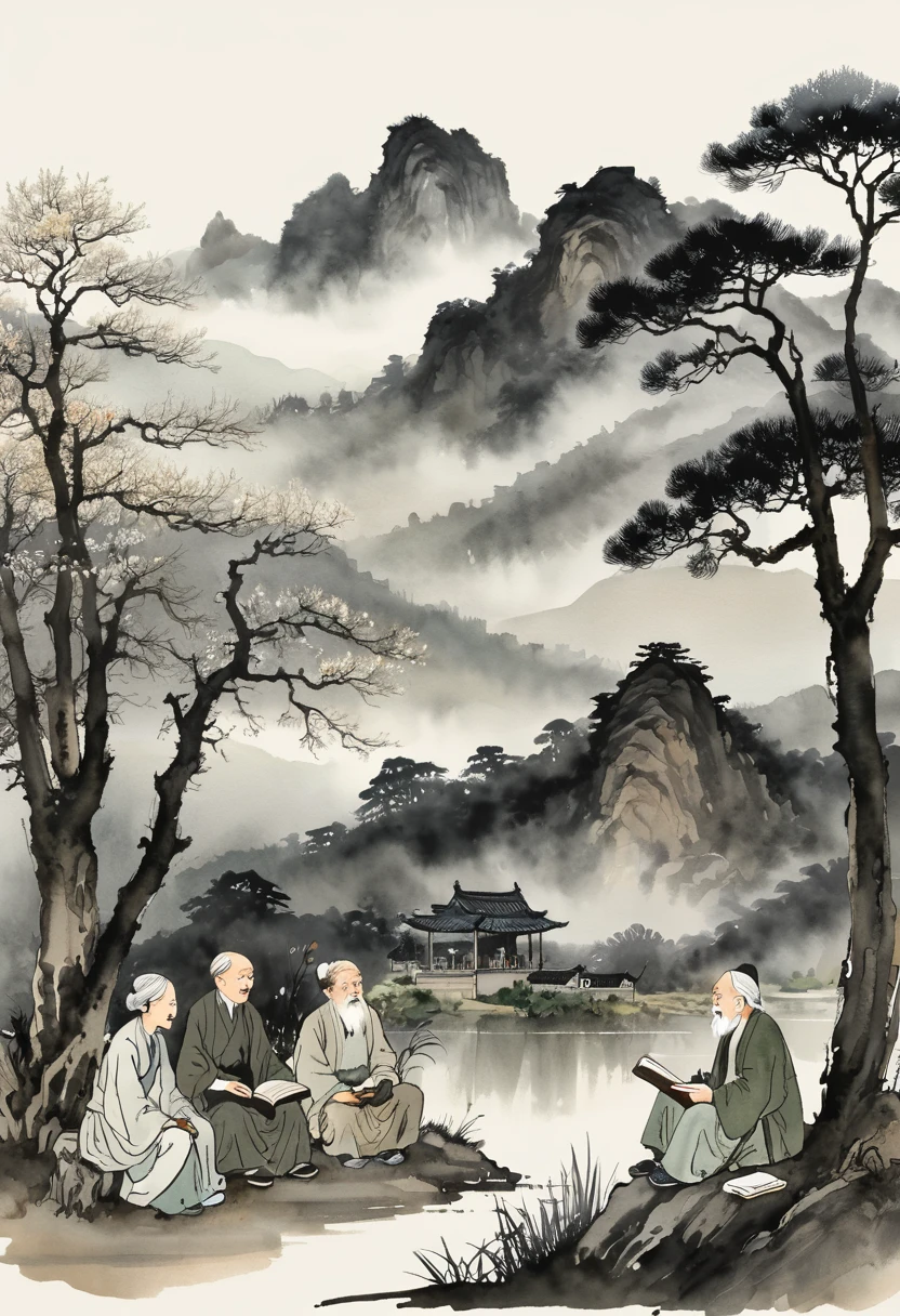 Ink painting, Chinese ink style, modern style, watercolor style, dyeing, black and white art, minimalist, 8K, ultra-fine detail, hyper-realistic, masterpiece, best quality. 

A poetic and serene landscape painting in traditional Chinese ink style, depicting deep mountains and tranquil valleys. An elderly and kind-hearted old man is sitting in front of a large ancient tree, surrounded by four students. They are gathered around a blooming daffodil that emits a mysterious fragrance. The old man, holding an open book, is passionately explaining the Book of Songs to the attentive students. The students, each with a book in hand, engage in animated discussions and thoughtful conversations with their elder. The scene captures the essence of wisdom, learning, and the beauty of nature, rendered in delicate ink strokes and subtle watercolor hues.
