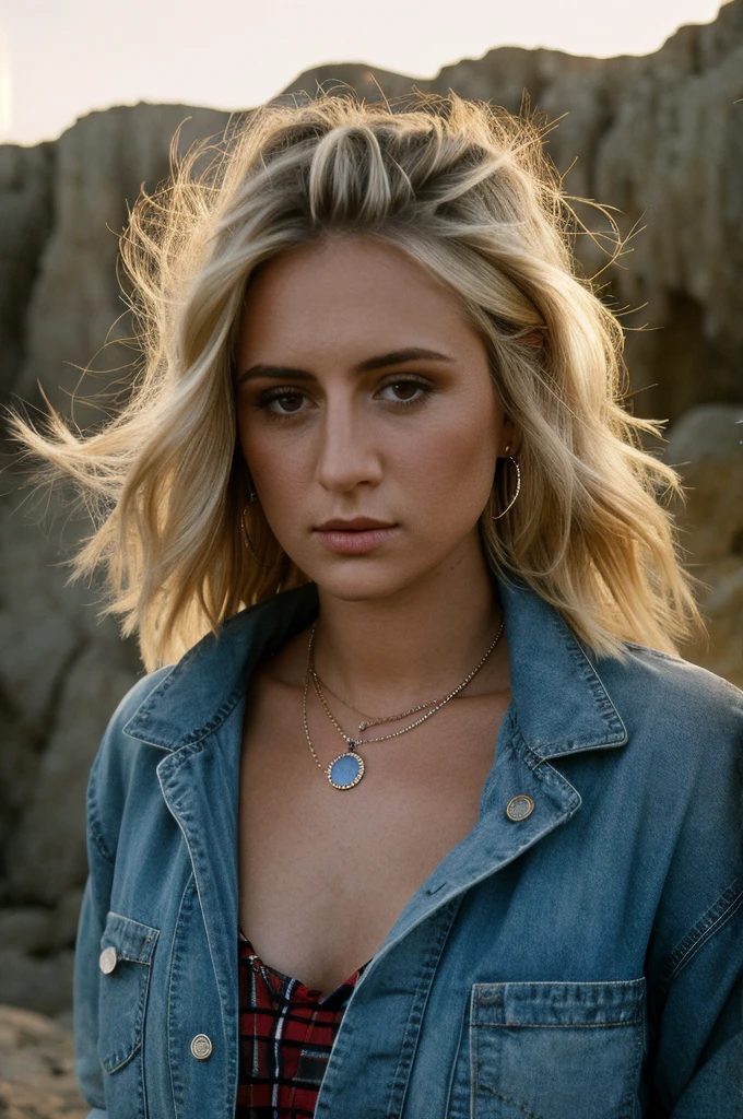 photograph of a woman, mndngwmn, textured skin, goosebumps, blonde hair, plaid flannel shirt with distressed boyfriend jeans, cowboy shot, dark and mysterious cave with unique rock formations and hidden wonders, large breasts, cleavage, perfect eyes, (candlelight,chiaroscuro), Porta 160 color, shot on ARRI ALEXA 65, bokeh, sharp focus on subject, shot by Don McCullin