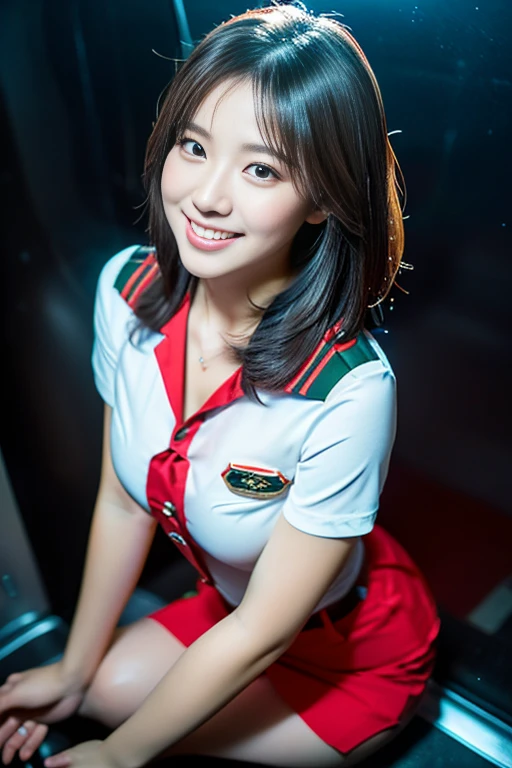 (a gorgeous lady, 21, Flight Attendant uniform, Shenzhen Airlines Stewardess, wet white shirt, red mini-skirt, kneeling in bathroom, dimpled smile, short bob hair, wet hair, cute snaggle-tooth, well-endowed round bosom, long flawless legs, photorealistic, beautiful detailed eyes, beautiful detailed face, hyper-realism, high contrast, ultra HD, realistic skin textures, top image quality, top-quality, super high resolution, fine details, very meticulously, close-up shot, head to thigh, romantic night, dark bokeh background)