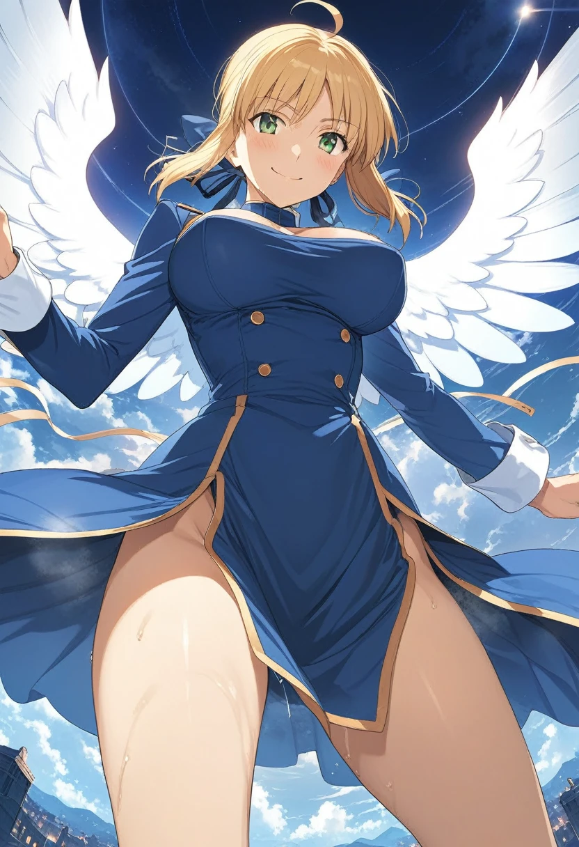best quality, amazing quality, very aesthetic, 1girl, saber, fate/stay night, 1girl, saber, fate/stay night, , (artist official art:1.5), ahoge_hair, green eyes, steaming body, trembling, large breasts, jitome, cinematic light, official_dress, big_angel_wings, flying, on sky, happy, smile, blush, night, looking_at_viewer, oily_skin, cool