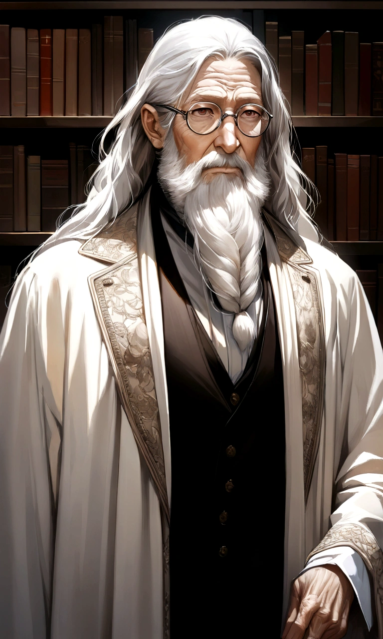 Drawn in ultra-realistic detail、An old philosopher with a profound expression。White hair and long beard、Wrinkled face。Wise eyes reflect a state of contemplation、Wearing old-fashioned glasses、Staring straight ahead。His outfit is simple and classic, a shirt and vest.、In the background is a study with bookshelves lined up。High image quality and fine details、Images with clear contrast between light and shadow。