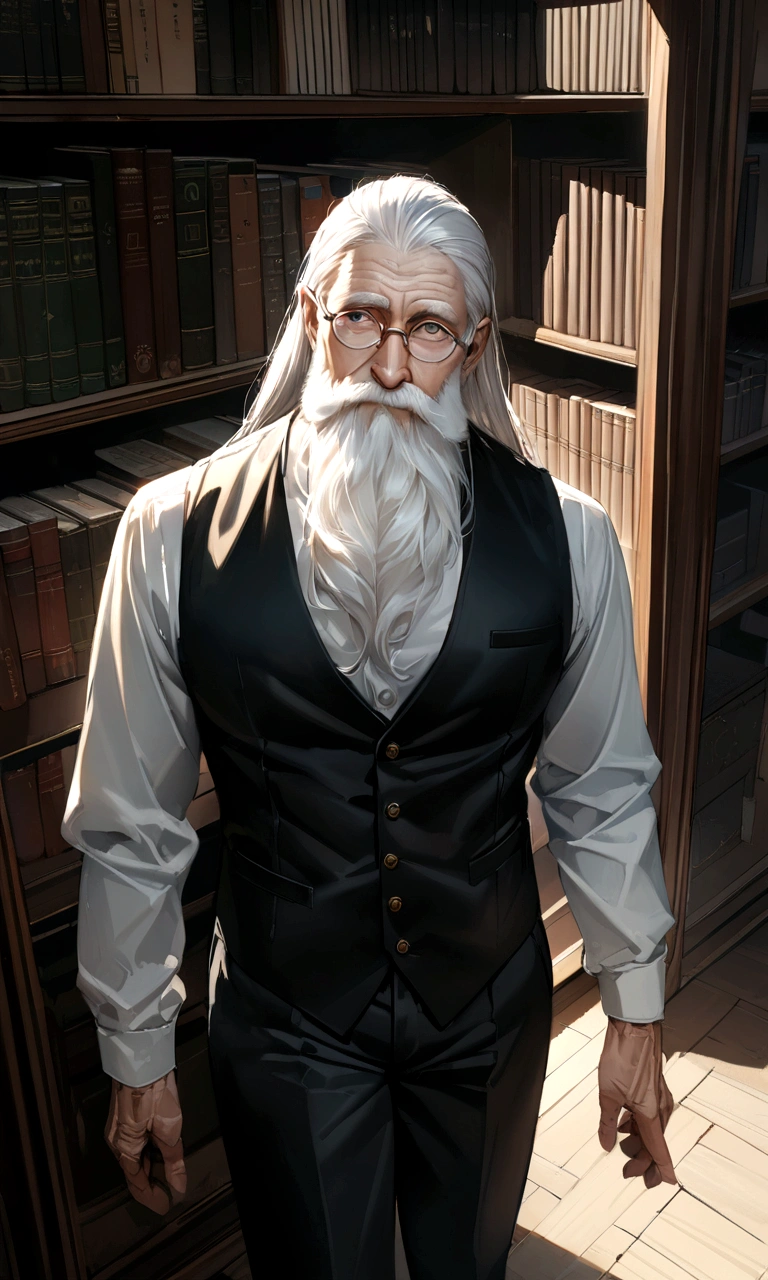 Drawn in ultra-realistic detail、An old philosopher with a profound expression。White hair and long beard、Wrinkled face。Wise eyes reflect a state of contemplation、Wearing old-fashioned glasses、Staring straight ahead。His outfit is simple and classic, a shirt and vest.、In the background is a study with bookshelves lined up。High image quality and fine details、Images with clear contrast between light and shadow。