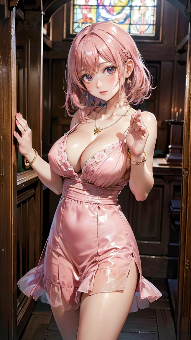 (Masterpiece, BestQuality:1.3), (ultra detailed:1.2), (hyperrealistic:1.3), (RAW photo:1.2), High detail RAW color photo, professional photograph, (Photorealistic:1.4), (realistic:1.4), professional lighting, perfect anatomy, (Big Breasts:1.2), (blush, detailed face), (cheerful Smile:1.5), Trending Hair&Trending Hairカラーをランダムに, earrings, necklace, bracelet, sexly, erotic sexly, Random sexy gravure poses, (A beautiful woman with pink hair wearing a pink dress、Smiling and posing sexily while praying in an old church on the beach。:1.3)