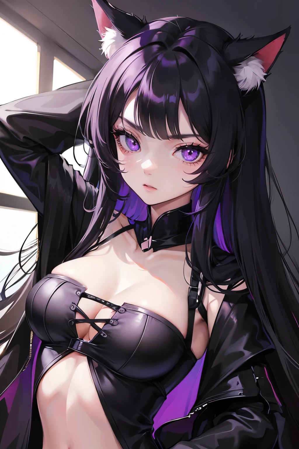 Cat girl, black hair, vertical slit pupils, purple eyes,  serious gaze, cold gaze, emotionless, black clothes, elegant, refined, clean.