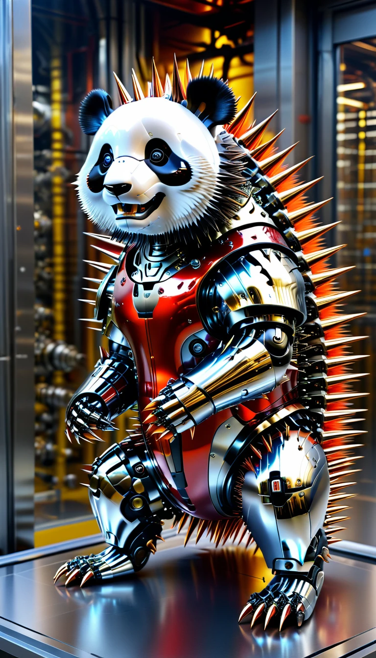There is no one, Reality Photos, Reality Photos, Realistic photos of panda-like creatures, spikes, multi-colored shiny fur, strange and, Surreal and, the other world, A robotic factory with a shiny assembly plant, intricate details, very sharp, Sophisticated details, Flawless composition, vivid colors, masterpiece, futuristic, metal decoration, The shiny red interior is empty., polished, ray tracing