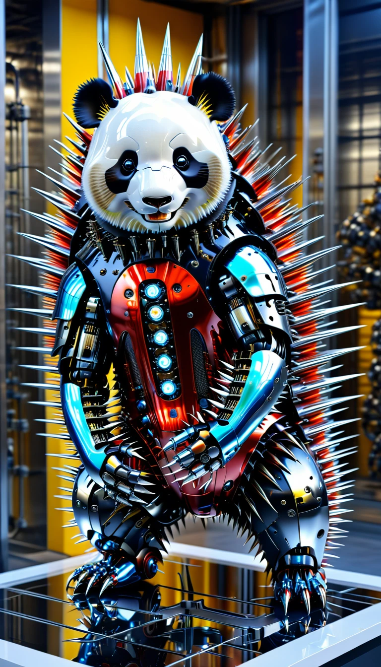 There is no one, Reality Photos, Reality Photos, Realistic photos of panda-like creatures, spikes, multi-colored shiny fur, strange and, Surreal and, the other world, A robotic factory with a shiny assembly plant, intricate details, very sharp, Sophisticated details, Flawless composition, vivid colors, masterpiece, futuristic, metal decoration, The shiny red interior is empty., polished, ray tracing