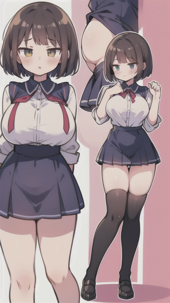 full body and panties and cameltoe, , shirt, skirt, Multiple views of the same girl, girl, (looking at another, looking away, look away:1.1) solo, under skirt, nsfw, glamor , average , gigantic breasts , cute , brunette hair , short , bob cut hair