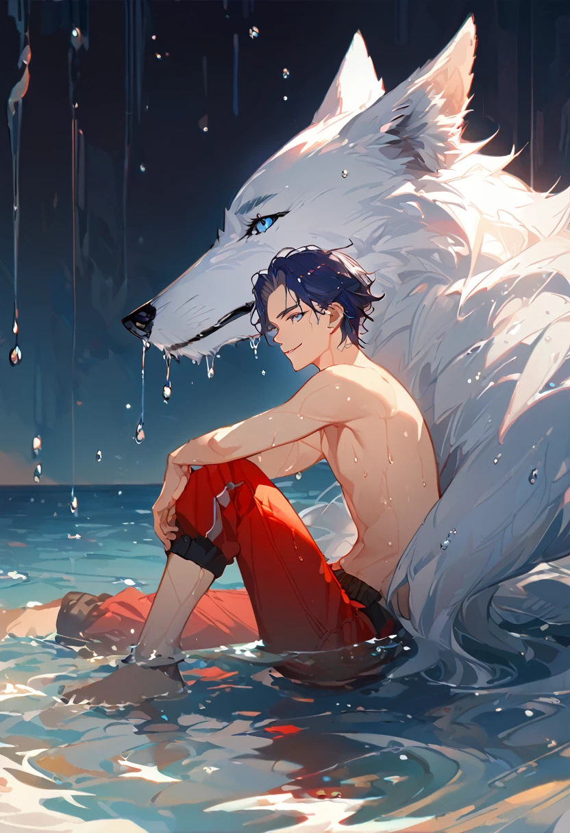 solo, ((male with short dark blue hair with red strip hair and dark blue hair with red gradient), (bare chest), (topless), (muscle), ( jogger pants), (wet), (dripping wet body and hair), (water dripping), (sitting), (one hand rest on the knee), (big white wolf resting on the back)), (bangs), (blue eyes with red gradient), (pale skin), (smirk), ((high quality)), (extremely detailed),8k, 4k, clean line art, detailed line art, resting on the big wolf, white big wolf, simple background, water background, dark background, not bulky, no top clothes, inspired by Asukaziye artist : ask, art style : ask
