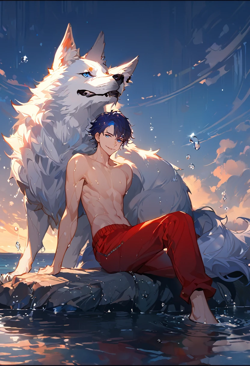 solo, ((male with short dark blue hair with red strip hair and dark blue hair with red gradient), (bare chest), (topless), (muscle), ( jogger pants), (wet), (dripping wet body and hair), (water dripping), (sitting), (one hand rest on the knee), (big white wolf resting on the back)), (bangs), (blue eyes with red gradient), (pale skin), (smirk), ((high quality)), (extremely detailed),8k, 4k, clean line art, detailed line art, resting on the big wolf, white big wolf, simple background, water background, dark background, not bulky, no top clothes, inspired by Asukaziye artist : ask, art style : ask