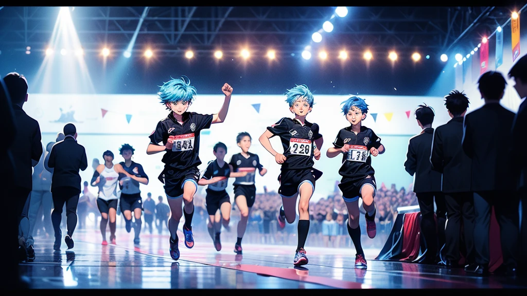 1boy,Highest quality、Masterpiece、Official Art、The best dynamic composition、Light blue hair color、The boy is 12 years old and is the last runner in the relay.、The moment the tape crosses the finish line、sports meeting、Black jersey、Headband、