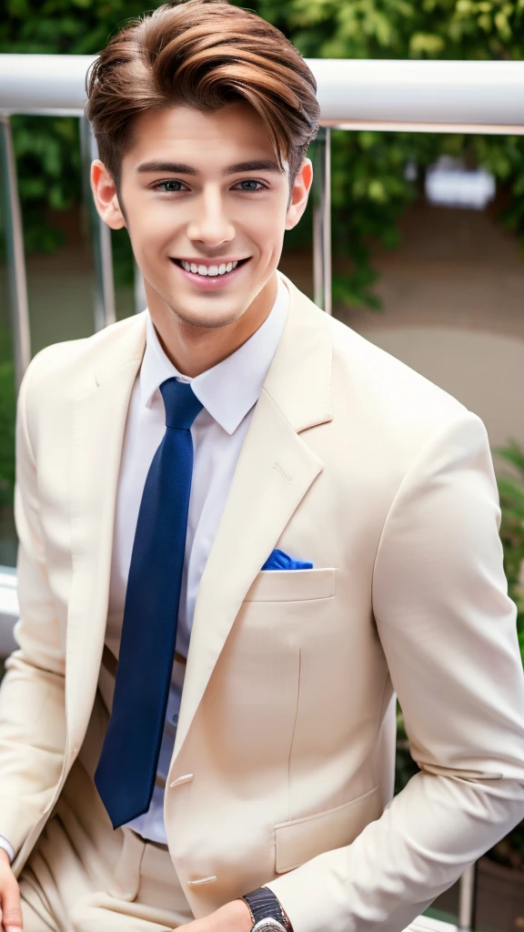 Highest quality, masterpiece, Ultra-high resolution, (Realistic:1.4), RAW Photos, Handsome young man in a white suit, Brown Hair, Modern Office, smile, tie