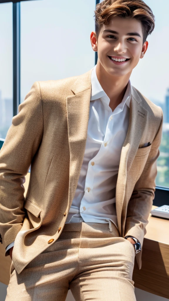 Highest quality, masterpiece, Ultra-high resolution, (Realistic:1.4), RAW Photos, Handsome young man in a white suit, Brown Hair, Modern Office, smile,