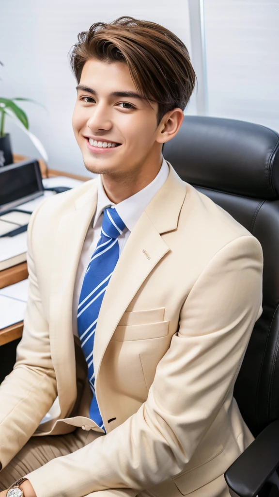 Highest quality, masterpiece, Ultra-high resolution, (Realistic:1.4), RAW Photos, Handsome young man in a white suit, Brown Hair, Modern Office, smile, tie