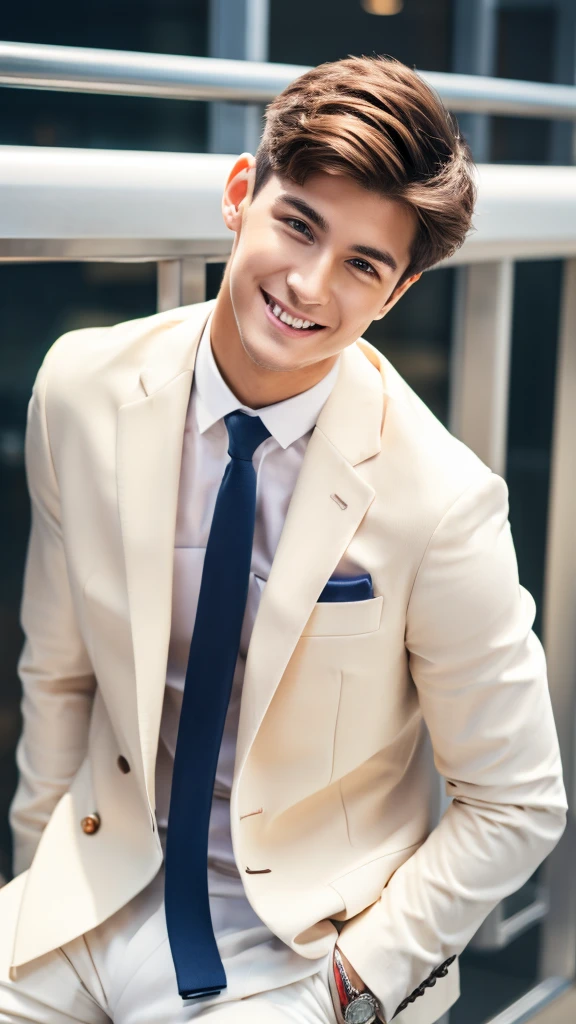 Highest quality, masterpiece, Ultra-high resolution, (Realistic:1.4), RAW Photos, Handsome young man in a white suit, Brown Hair, Modern Office, smile, tie