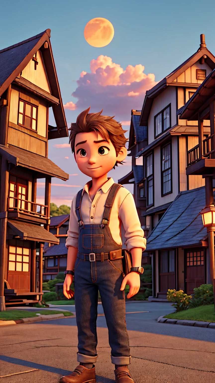 Create a Japanese anime-style scene in a quiet street of the small, sunny town as the day transitions into evening. The sky has a soft, warm hue from the setting sun. The scene features Jake, a man in his mid-40s with graying hair, a kind face, and medium build, wearing jeans and a flannel shirt. Jake is standing on the sidewalk, looking down with surprise at a wallet he has just found on the ground.
The wallet is open in his hand, revealing a significant amount of money and a note with an address. The street is lined with charming houses and a few trees, and there are a few people walking in the distance, going about their evening routines. The overall atmosphere is calm and serene, with the warm glow of the sunset enhancing the tranquil setting.
Please ensure the style is consistent with traditional Japanese anime, with bright colors, expressive characters, and detailed backgrounds.