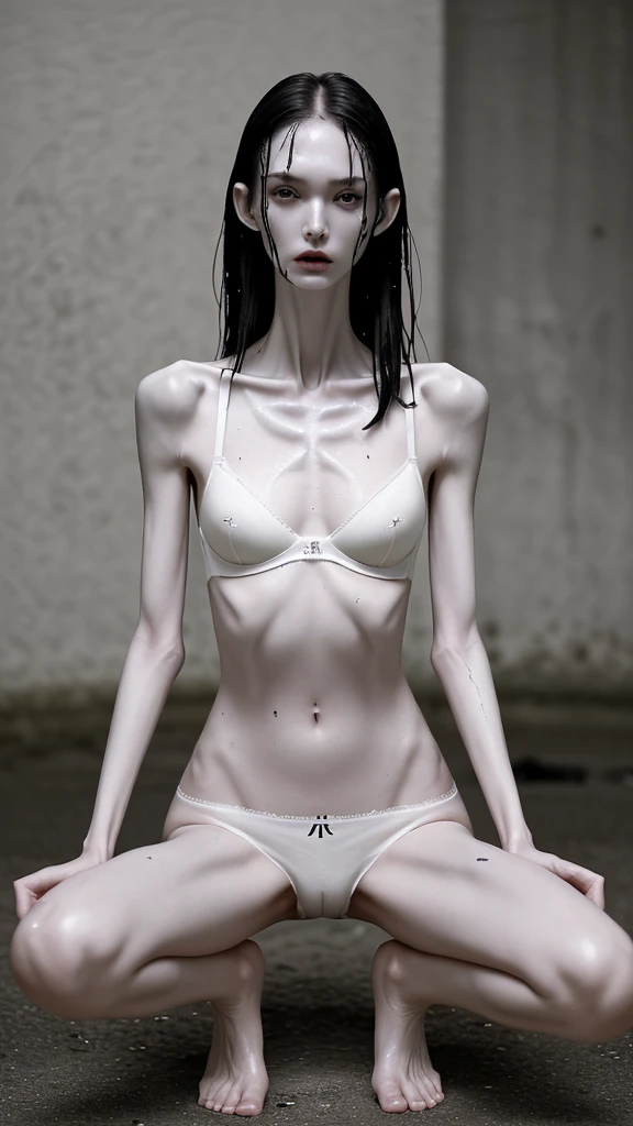 a woman, very thin body, body visible bones, very slender, sweaty wet body, pale white skin, , ,tatto, full body, has a mental breakdown in underground prison , sit barefoot
