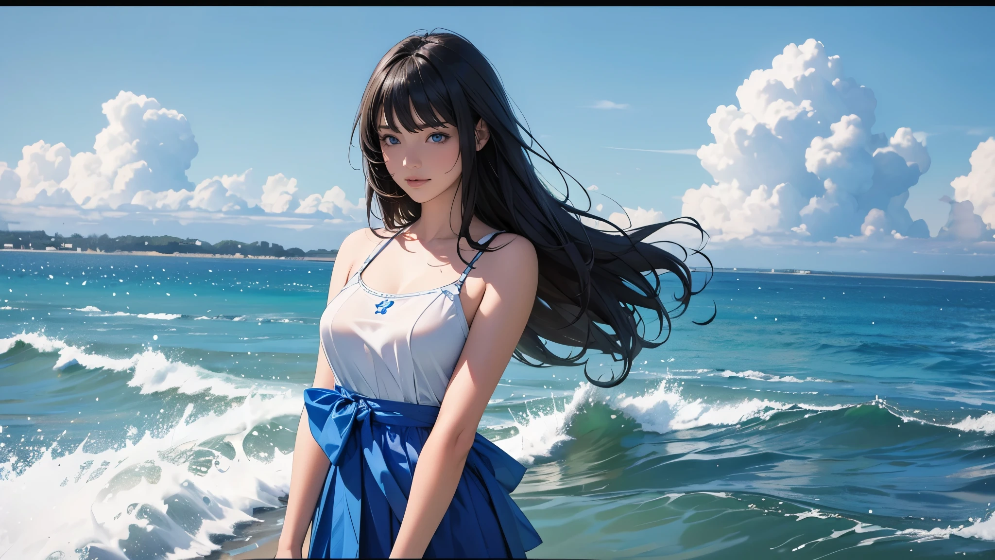 Ultra HD、super high quality、masterpiece、detailed、8K、The location is the beach、The Sunshine、Flowing Clouds、Calm waves、A 15-year-old high school girl is sweating、The high school girl is Russian and has long black hair.、Has blue eyes、She has a flower tattoo and a glamorous figure.、The clothes she&#39;s wearing are a camisole and a miniskirt、Black lace stocking on the left leg only、Pretty sexy