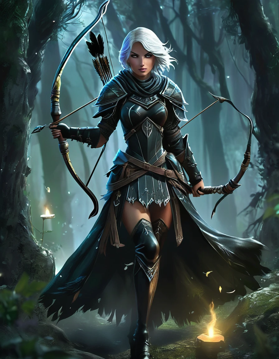 Necromancer Archer Figure: A female archer, slim and athletic, with a dark yet elegant aura.hair: Her short hair is a mix of blonde and purple, perhaps with flowing transitions or ombre effect, slightly wavy and fall over her shoulders.eyes: Your eyes glow in an unnatural green or an icy blue, a reference to her necromantic abilities.attire: She wears a combination of medieval armor and magical robes. Dark, Leather armor decorated with runes covers her upper body and arms. Under the armor she wears a black, slightly torn cloak, fluttering in the wind.arch: Her arch consists of a dark, enchanted wood, decorated with silver or luminous symbols. The arch radiates an eerie energy.Arrows: The arrows in her quiver also have a magical effect, with black feathers and tips, which are surrounded by a dark aura.backdrop: The backdrop could be a dark forest or a dilapidated, show foggy landscape, which enhances the mystical and threatening atmosphere.short White hair