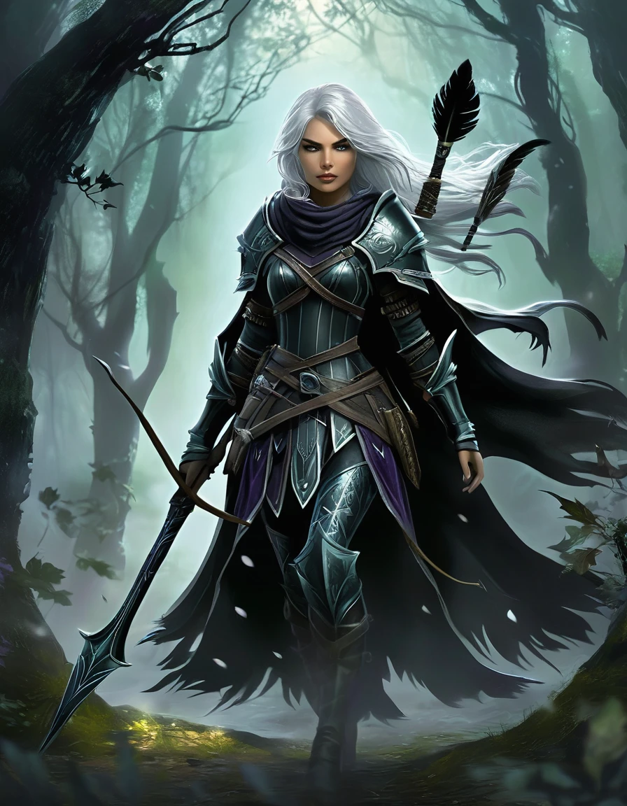 Necromancer Archer Figure: A female archer, slim and athletic, with a dark yet elegant aura.hair: Her short hair is a mix of blonde and purple, perhaps with flowing transitions or ombre effect, slightly wavy and fall over her shoulders.eyes: Your eyes glow in an unnatural green or an icy blue, a reference to her necromantic abilities.attire: She wears a combination of medieval armor and magical robes. Dark, Leather armor decorated with runes covers her upper body and arms. Under the armor she wears a black, slightly torn cloak, fluttering in the wind.arch: Her arch consists of a dark, enchanted wood, decorated with silver or luminous symbols. The arch radiates an eerie energy.Arrows: The arrows in her quiver also have a magical effect, with black feathers and tips, which are surrounded by a dark aura.backdrop: The backdrop could be a dark forest or a dilapidated, show foggy landscape, which enhances the mystical and threatening atmosphere.short White hair