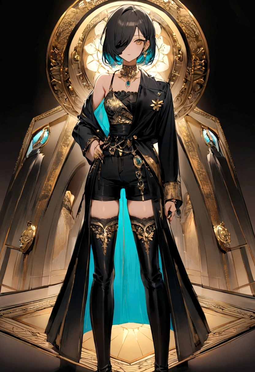 I have black hair with teal at the bottom of my hair. I have brown eyes and warm olive skin. I'm 5"1 ft tall. I'm wearing black shorts and a black jacket with dark blue designs and a cropped halter. My outfit has gold accessories with dark blue gems, I'm wearing black thigh high boots that are easy to run in. I'm wearing a black mask that covers the bottom half of my face. I'm introverted and reserved. My name is Ace. I have a hydro vision that is clipped to my shorts.
