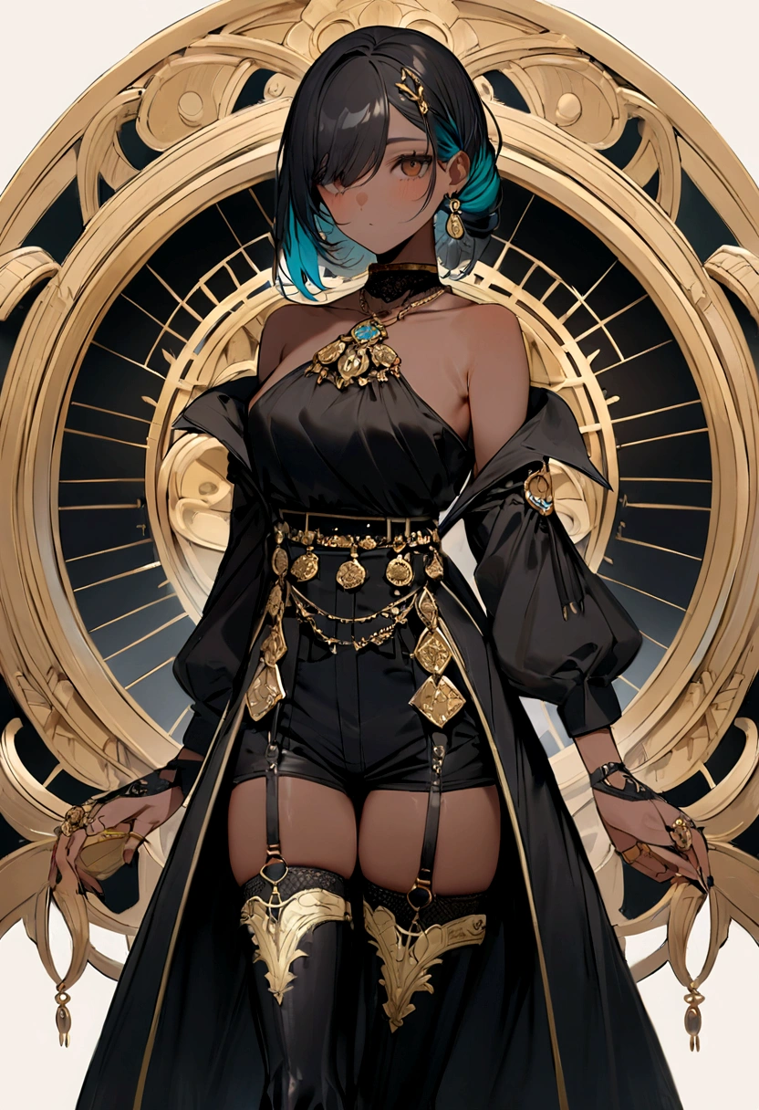 I have black hair with teal at the bottom of my hair. I have brown eyes and warm olive skin. I'm 5"1 ft tall. I'm wearing black shorts and a black jacket with dark blue designs and a cropped halter. My outfit has gold accessories with dark blue gems, I'm wearing black thigh high boots that are easy to run in. I'm wearing a black mask that covers the bottom half of my face. I'm introverted and reserved. My name is Ace. I have a hydro vision that is clipped to my shorts.