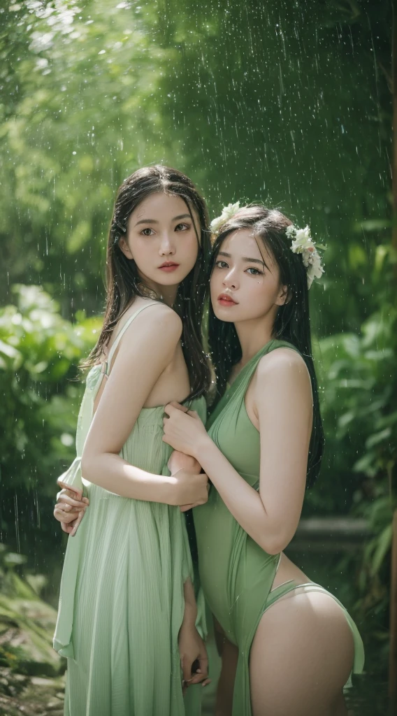 2 girls beautyful (best quality,4k,8k,highres,masterpiece:1.2),ultra-detailed,(realistic,photorealistic,photo-realistic:1.37),blurred,green-haired lady,vertical yellow irises,antlers,swimsuit,soft lighting,playful elegant curves,sharp focus,extremely detailed,ethereal,traditional Chinese landscape painting,vibrant colors,gentle light,sweat dripping on fair skin,rainy scenery,typhoon essay,holding an umbrella