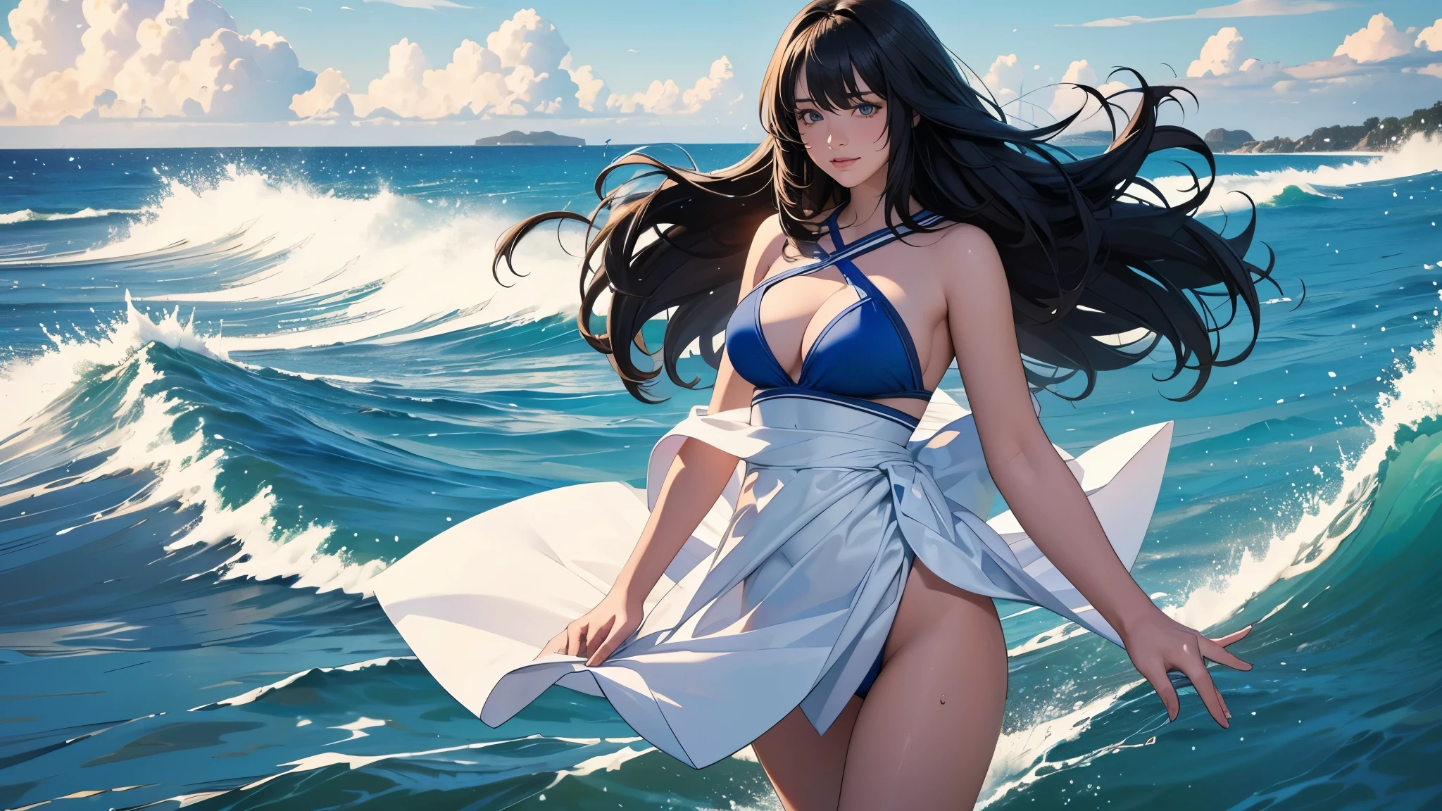 Ultra HD、super high quality、masterpiece、detailed、8K、The location is the beach、The Sunshine、Flowing Clouds、Calm waves、A 15-year-old high school girl is sweating、The high school girl is Russian and has long black hair.、Has blue eyes、She has a flower tattoo and a glamorous figure.、The clothes she's wearing are a camisole and a miniskirt、Black lace stocking on the left leg only、Pretty sexy