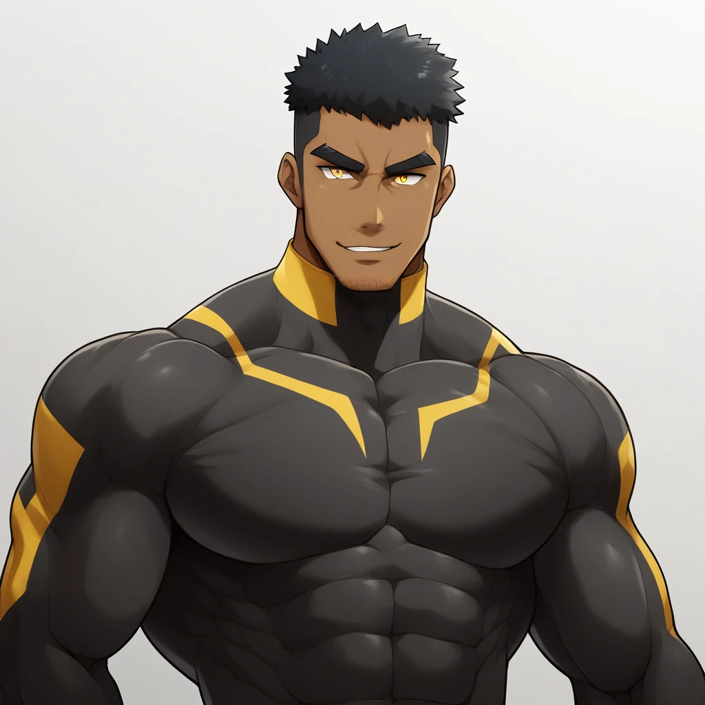 negro, negro, negro, anime characters:Gyee, Muscle Sports Student, negro black skin, 1 muscular tough guy, Manliness, male focus, Dark Yellow long sleeve tights, Very tight, Round and full chest muscles, Slightly transparent, muscular male, muscular, only, Upper body, alone, Black short hair, Thick eyebrows, stubble, Yellow eyes, White background, simple background, amazing quality, best aesthetics, Ridiculous, bright pupils, crew cut, parted lips, seductive smile, torogao, naughty face, best quality