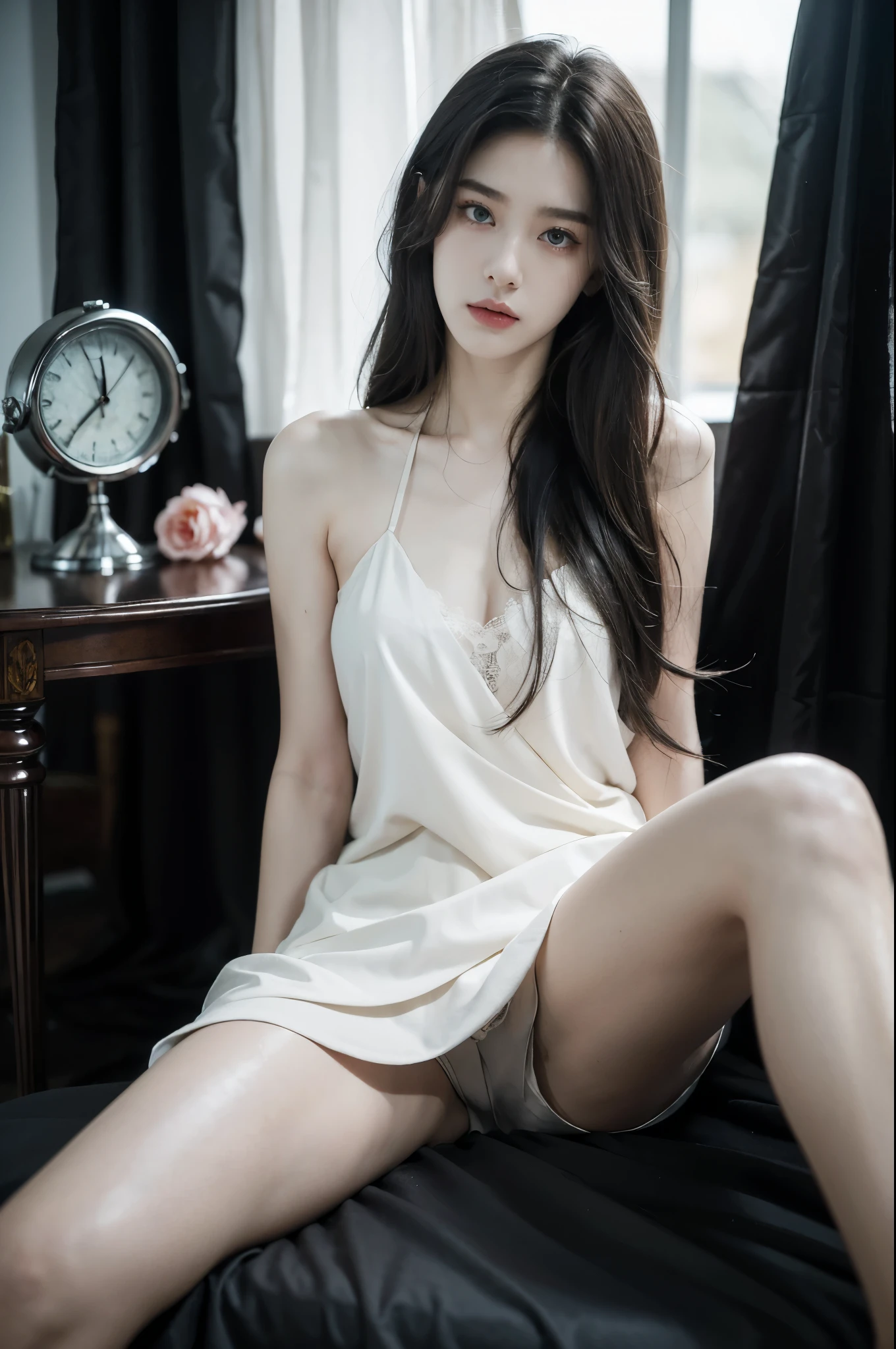 (((best quality))), (((ultra detailed))), (((masterpiece))), illustration,a beautiful girl,solo,slim,thin,messy hair,shoulder length straight bob hair,Dark Circles,Eyes bloodshot,(sad expression:1.3),flat chest,sitting on the bed,in a bedroom,halter lace nightgown, deep in thought, dimly lit room, soft glow of a digital clock, dark curtains, seclusion and introspection, disheveled hair, shadowed eyes, sleeplessness, delicate features, fragile beauty, pale skin, rouge on cheeks, heavy atmosphere, silence, soft hum of a refrigerator, woman's expression of deep contemplation, searching eyes, capturing the essence of struggle, vulnerability,(dark night scene:1.3),spread legs apart,arms behind back