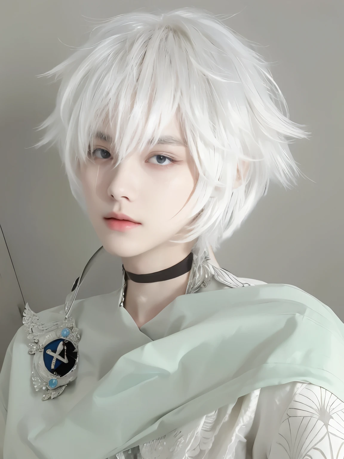 masterpiece, Best quality,A boy with short white hair,Facing the camera,Blindfolded,20 years old,cos modeling,
