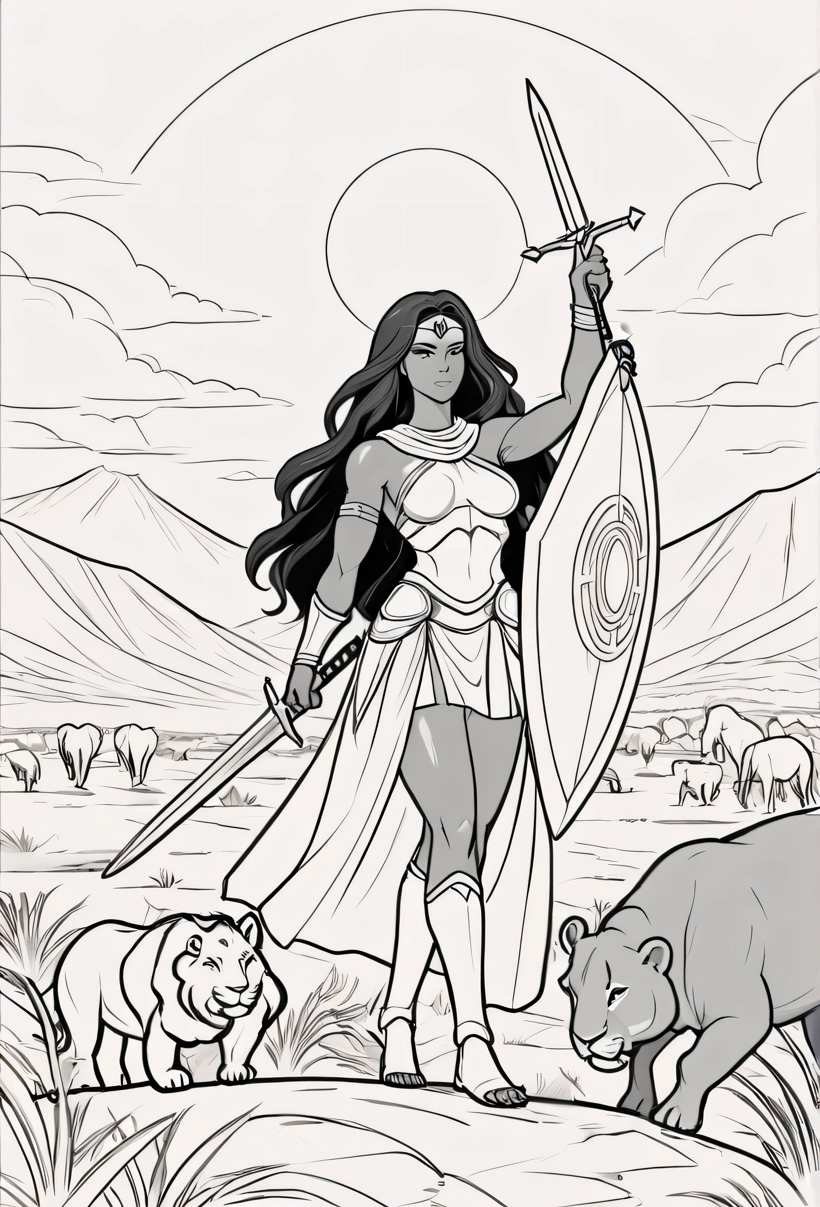 Vector Art, Flattening, smooth line art, Minimalism, graphic design aesthetics, flat illustration, (masterpiece, best quality, perfect composition, very aesthetic) A line art black and white outline of a christian nubian warrior, resembling Wonder Women long flowing hair, different nationalities, easy to color design, up close, combat ready, sword and shield in hand, Background realistic and minimalistic African Serengeti landscape, simple trees and mountains, clear sky with clouds, animals in the Serengeti in the background, for a coloring page, warrior strength and connection to the land with different poses, realistic